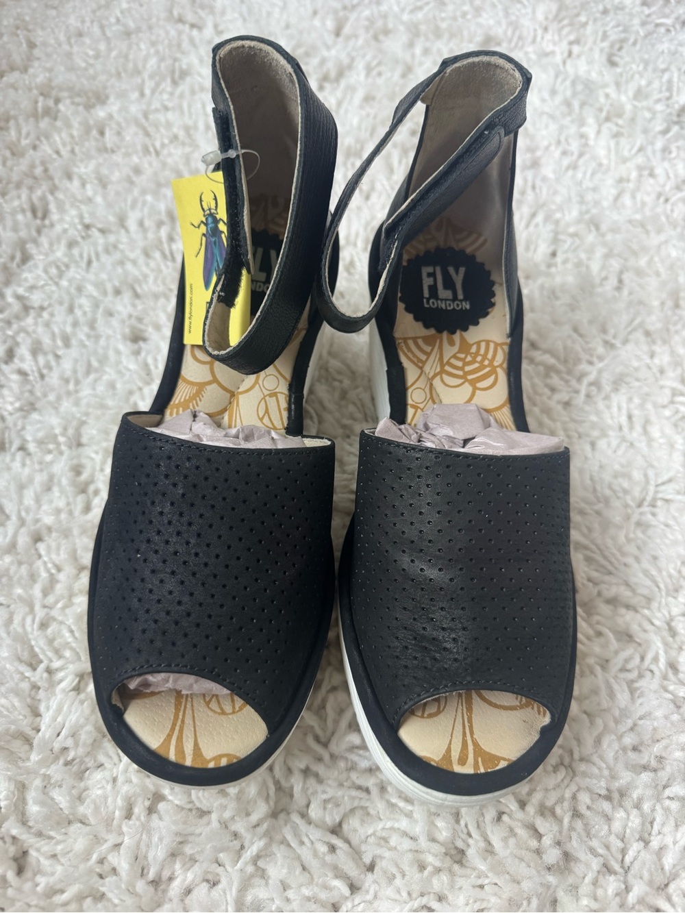 Fly London Yake Black White Perforated Leather Peep-Toe Wedge Sandals Sz 36/5.5